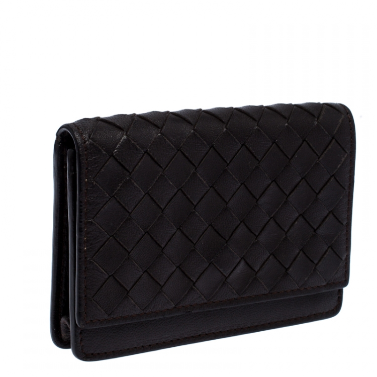 Pre Owned Bottega Veneta Dark Brown Intrecciato Leather Flap Card Case