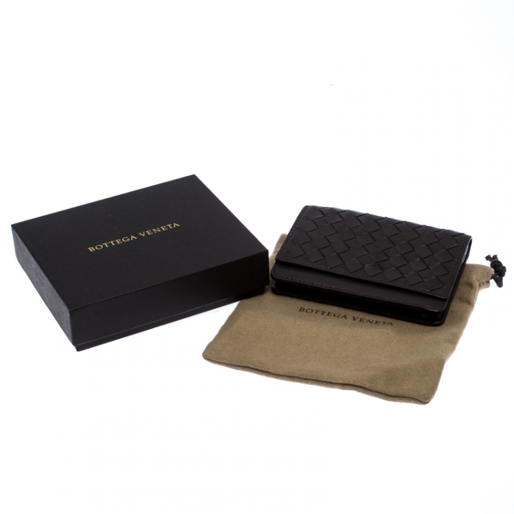 Pre Owned Bottega Veneta Dark Brown Intrecciato Leather Flap Card Case