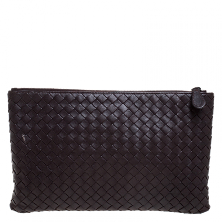 Pre Owned Bottega Veneta Dark Brown Intrecciato Leather Pouch
