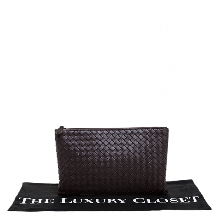 Pre Owned Bottega Veneta Dark Brown Intrecciato Leather Pouch