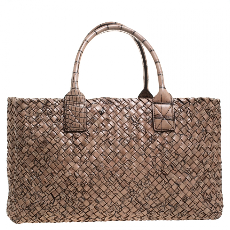 Bottega Veneta Beige Woven Leather and Croc Embossed Medium Limited ...