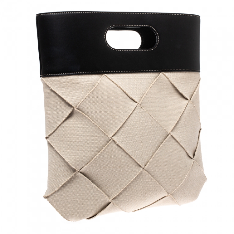 Pre Owned Bottega Veneta Cream/Black Canvas and Leather Slip Tote