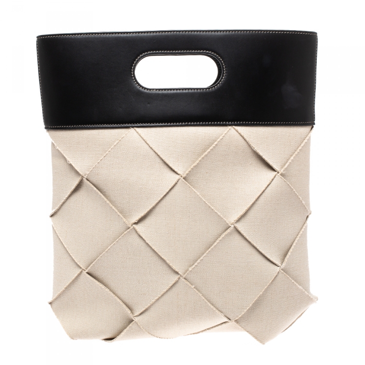 Pre Owned Bottega Veneta Cream/Black Canvas and Leather Slip Tote