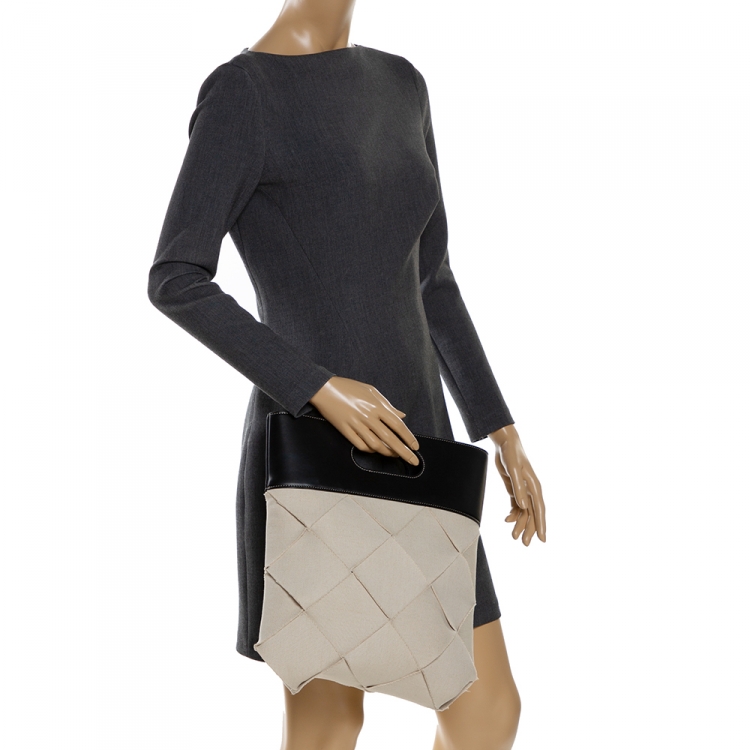 Pre Owned Bottega Veneta Cream/Black Canvas and Leather Slip Tote