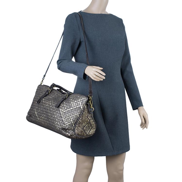 Pre Owned Bottega Veneta Metallic Gold Leather/Python Limited Edition Intrecciato Satchel