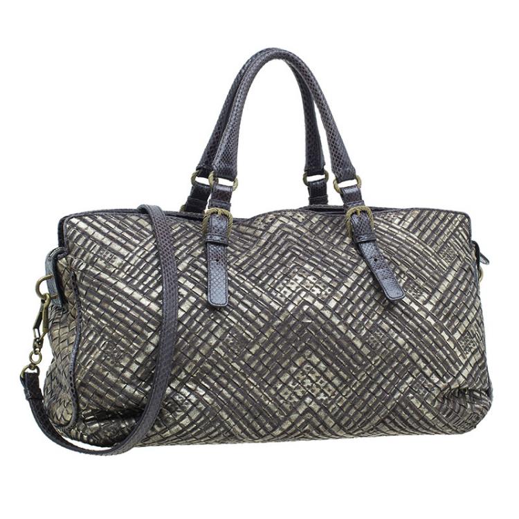 Pre Owned Bottega Veneta Metallic Gold Leather/Python Limited Edition Intrecciato Satchel