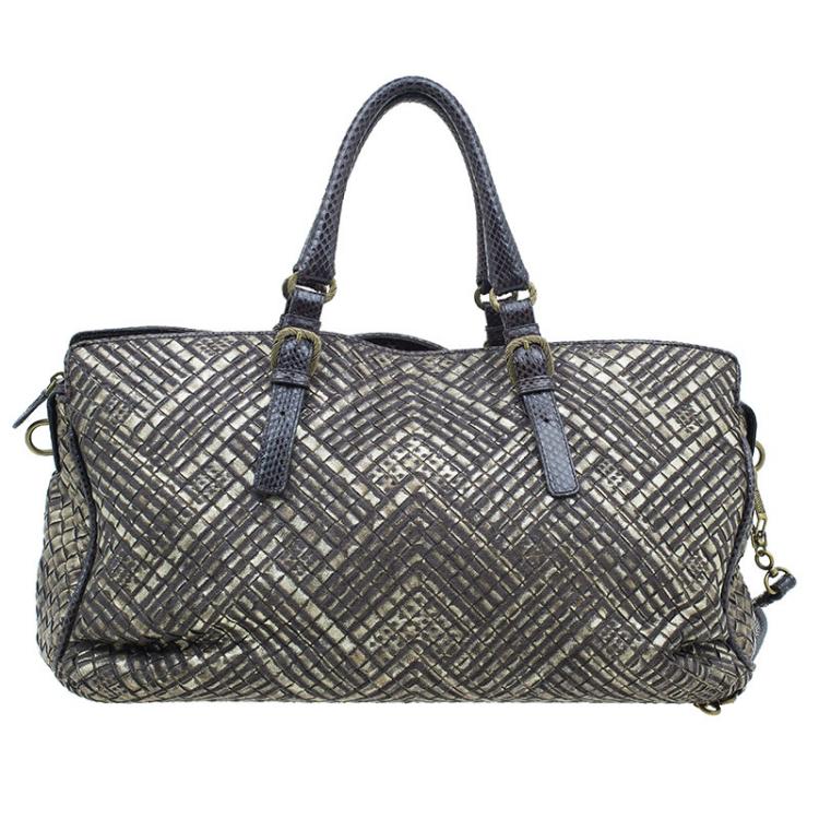 Pre Owned Bottega Veneta Metallic Gold Leather/Python Limited Edition Intrecciato Satchel