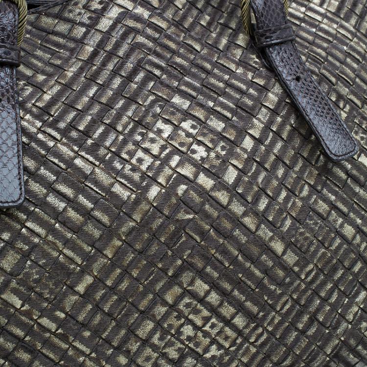 Pre Owned Bottega Veneta Metallic Gold Leather/Python Limited Edition Intrecciato Satchel