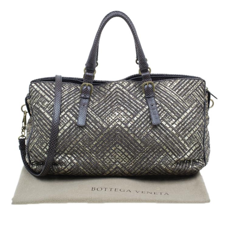 Pre Owned Bottega Veneta Metallic Gold Leather/Python Limited Edition Intrecciato Satchel