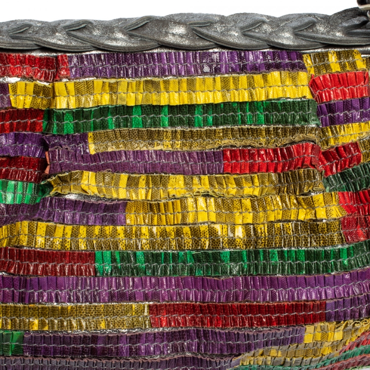 Pre Owned Bottega Veneta Multicolor Lizard Ruffles Limited Edition 135/200 Frame Bag