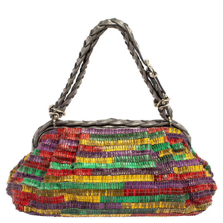 Pre Owned Bottega Veneta Multicolor Lizard Ruffles Limited Edition 135/200 Frame Bag