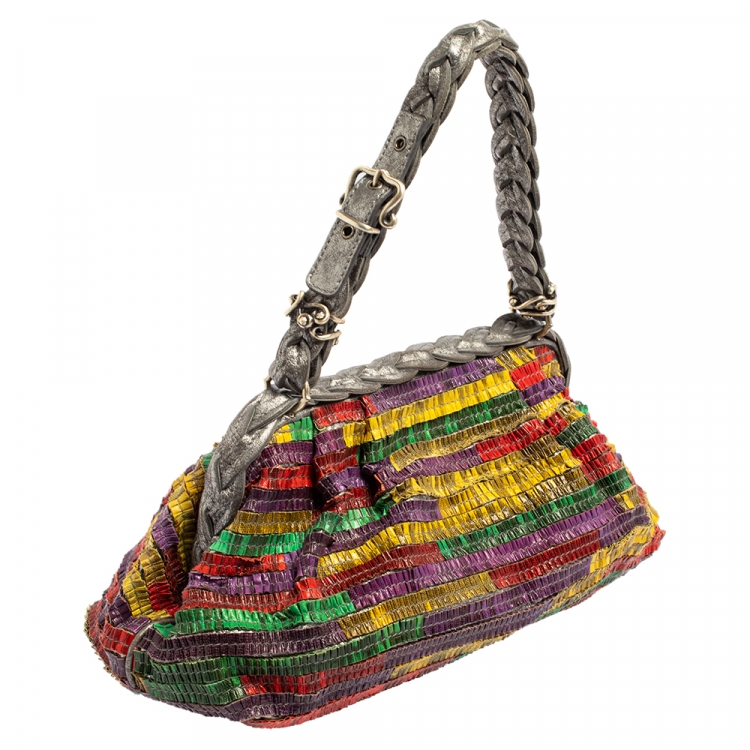 Pre Owned Bottega Veneta Multicolor Lizard Ruffles Limited Edition 135/200 Frame Bag