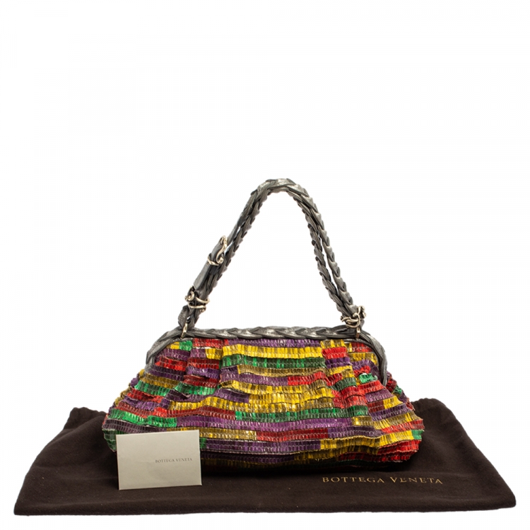 Pre Owned Bottega Veneta Multicolor Lizard Ruffles Limited Edition 135/200 Frame Bag