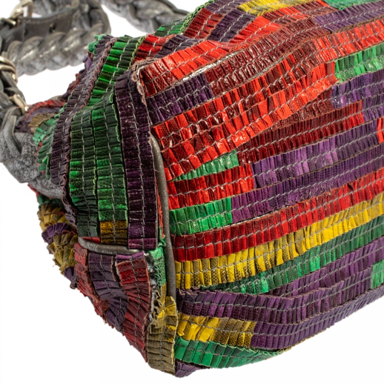 Pre Owned Bottega Veneta Multicolor Lizard Ruffles Limited Edition 135/200 Frame Bag