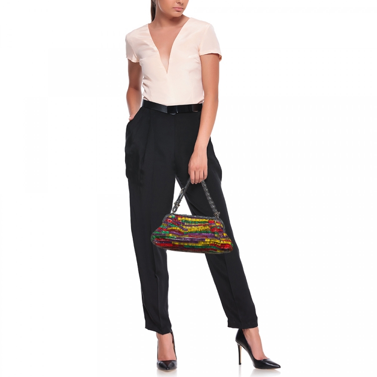 Pre Owned Bottega Veneta Multicolor Lizard Ruffles Limited Edition 135/200 Frame Bag