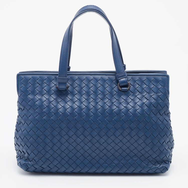 Pre Owned Bottega Veneta Navy Blue Intrecciato Leather Tote