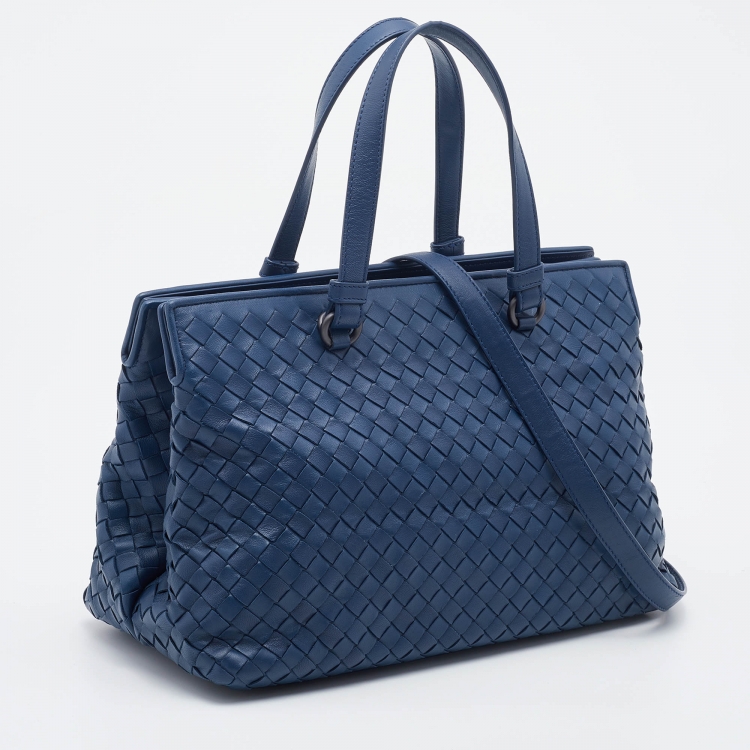 Pre Owned Bottega Veneta Navy Blue Intrecciato Leather Tote