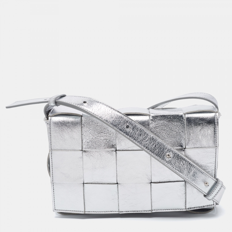 Cassette Small Metallic Leather Shoulder Bag in Silver - Bottega