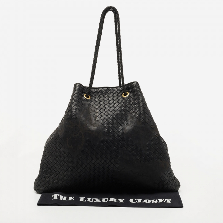 Pre Owned Bottega Veneta Black Intrecciato Leather Farfalle Draw String Bag