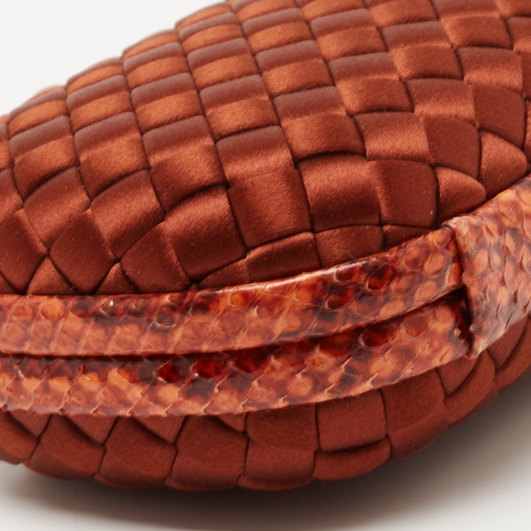 Pre Owned Bottega Veneta Brown Brique Intrecciato Satin and Karung Knot Embellished Clutch