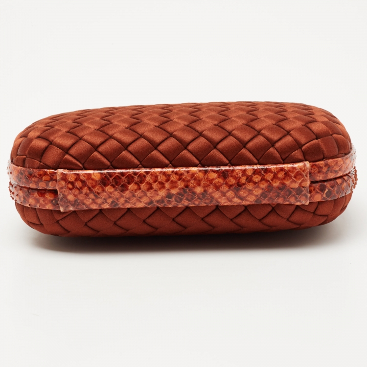 Pre Owned Bottega Veneta Brown Brique Intrecciato Satin and Karung Knot Embellished Clutch