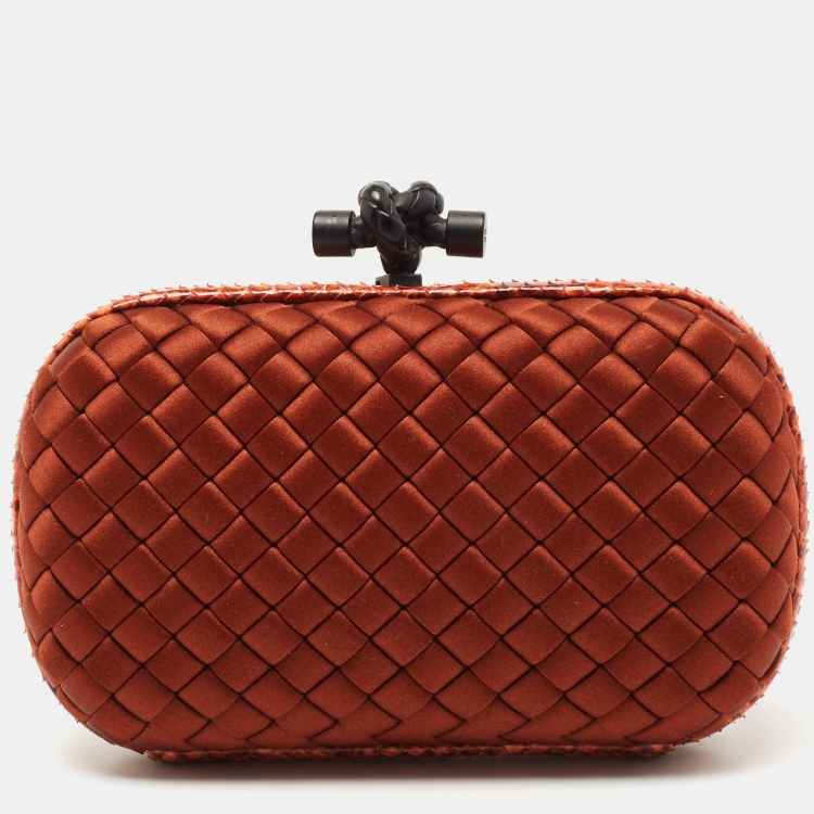 Pre Owned Bottega Veneta Brown Brique Intrecciato Satin and Karung Knot Embellished Clutch