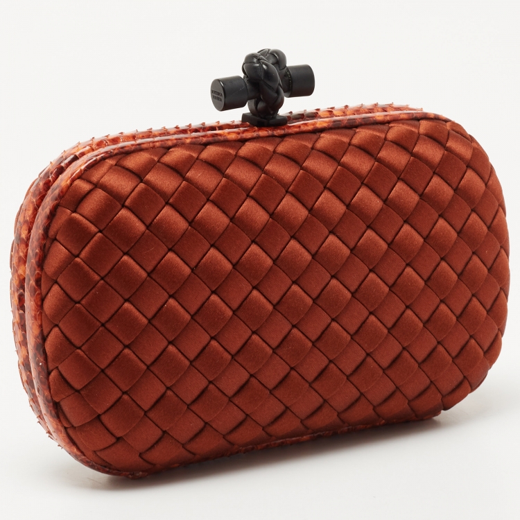 Pre Owned Bottega Veneta Brown Brique Intrecciato Satin and Karung Knot Embellished Clutch