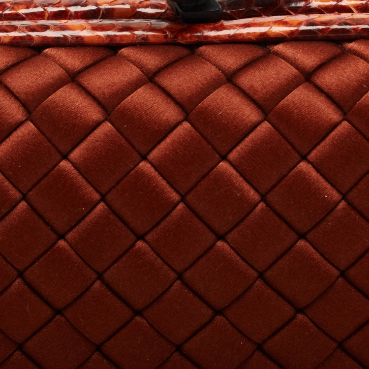 Pre Owned Bottega Veneta Brown Brique Intrecciato Satin and Karung Knot Embellished Clutch