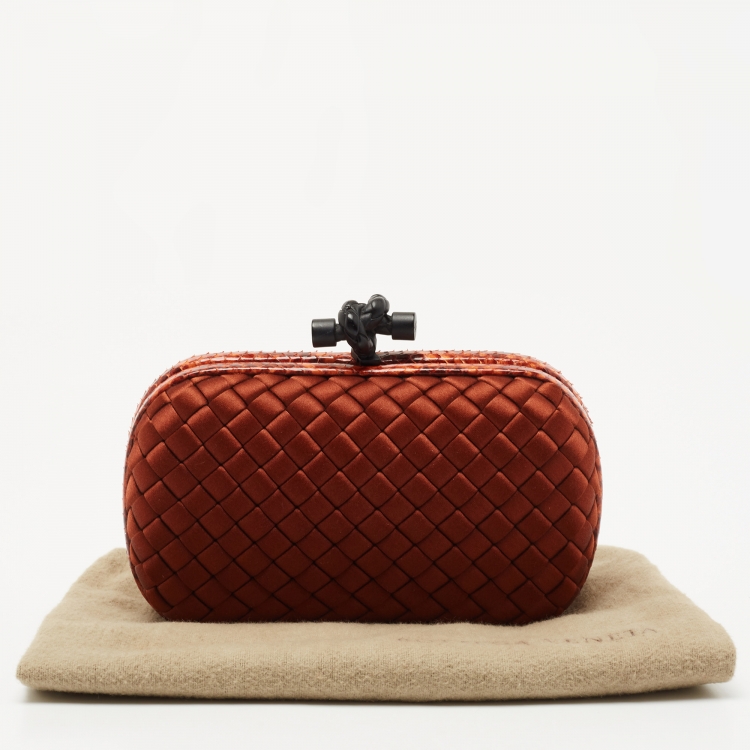 Pre Owned Bottega Veneta Brown Brique Intrecciato Satin and Karung Knot Embellished Clutch