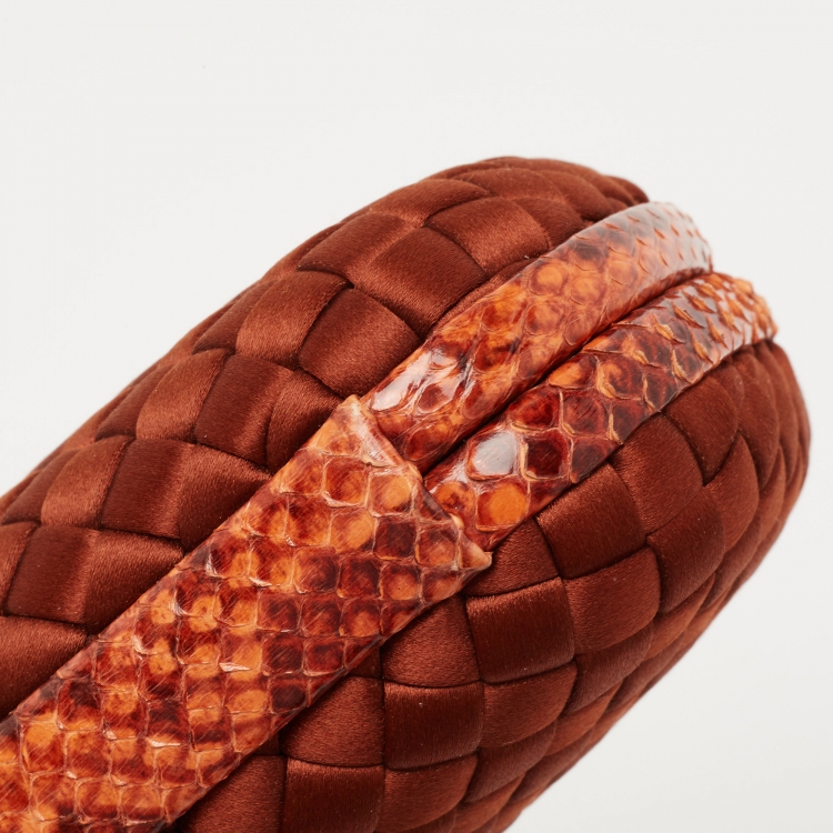 Pre Owned Bottega Veneta Brown Brique Intrecciato Satin and Karung Knot Embellished Clutch