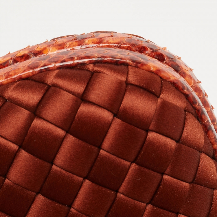 Pre Owned Bottega Veneta Brown Brique Intrecciato Satin and Karung Knot Embellished Clutch