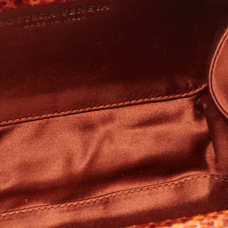 Pre Owned Bottega Veneta Brown Brique Intrecciato Satin and Karung Knot Embellished Clutch
