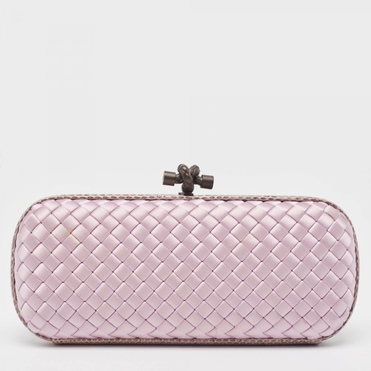 Pre Owned Bottega Veneta Lavender Intrecciato Satin and Watersnake Leather Knot Long Clutch