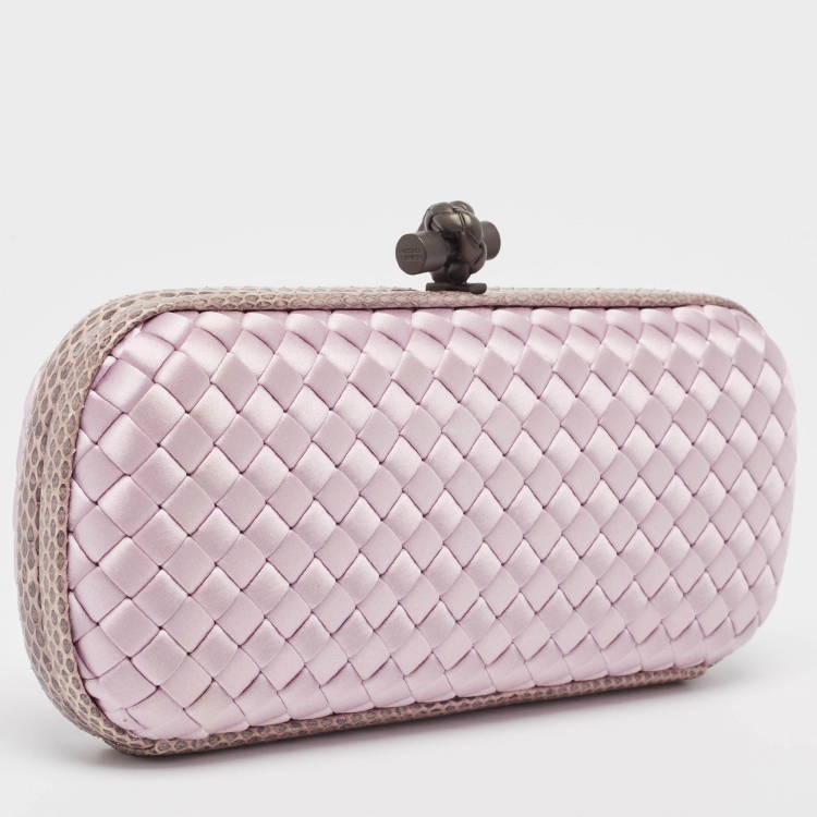 Pre Owned Bottega Veneta Lavender Intrecciato Satin and Watersnake Leather Knot Long Clutch