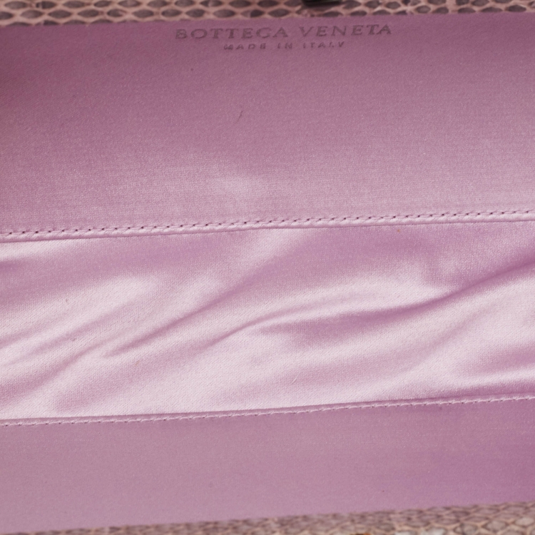 Pre Owned Bottega Veneta Lavender Intrecciato Satin and Watersnake Leather Knot Long Clutch
