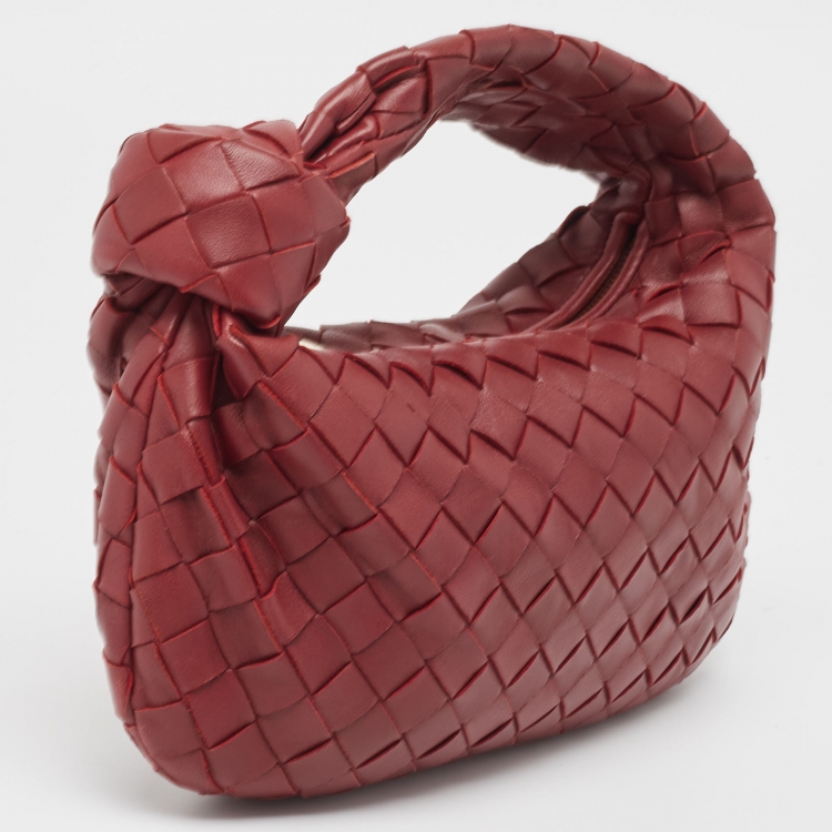 Pre Owned Bottega Veneta Dark Red Intrecciato Leather Mini Jodie Hobo