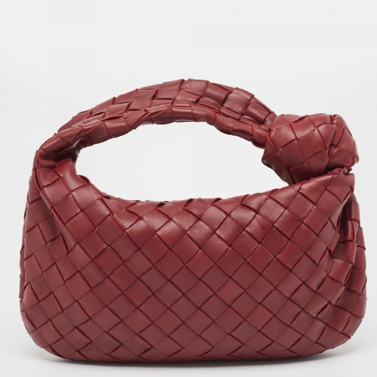 Pre Owned Bottega Veneta Dark Red Intrecciato Leather Mini Jodie Hobo