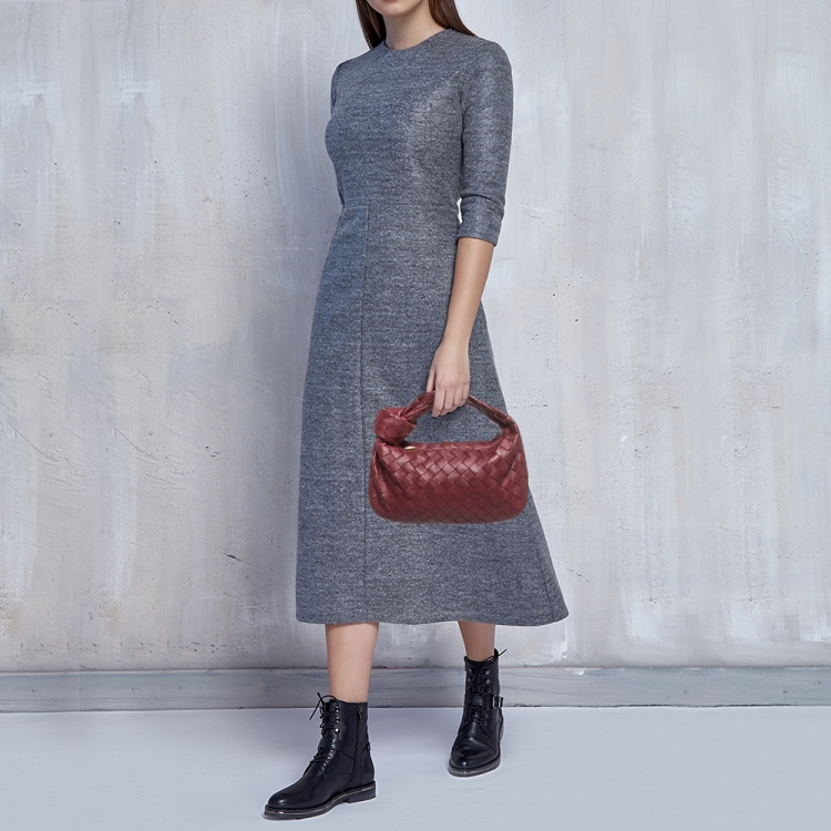 Pre Owned Bottega Veneta Dark Red Intrecciato Leather Mini Jodie Hobo