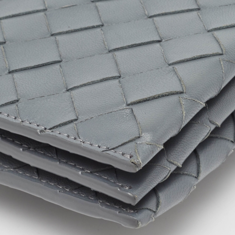 Pre Owned Bottega Veneta Grey Intrecciato Leather Flap Strap Wallet