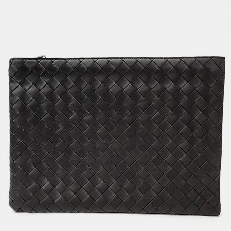Pre Owned Bottega Veneta Deep Khaki Leather Mesh Clutch Bag