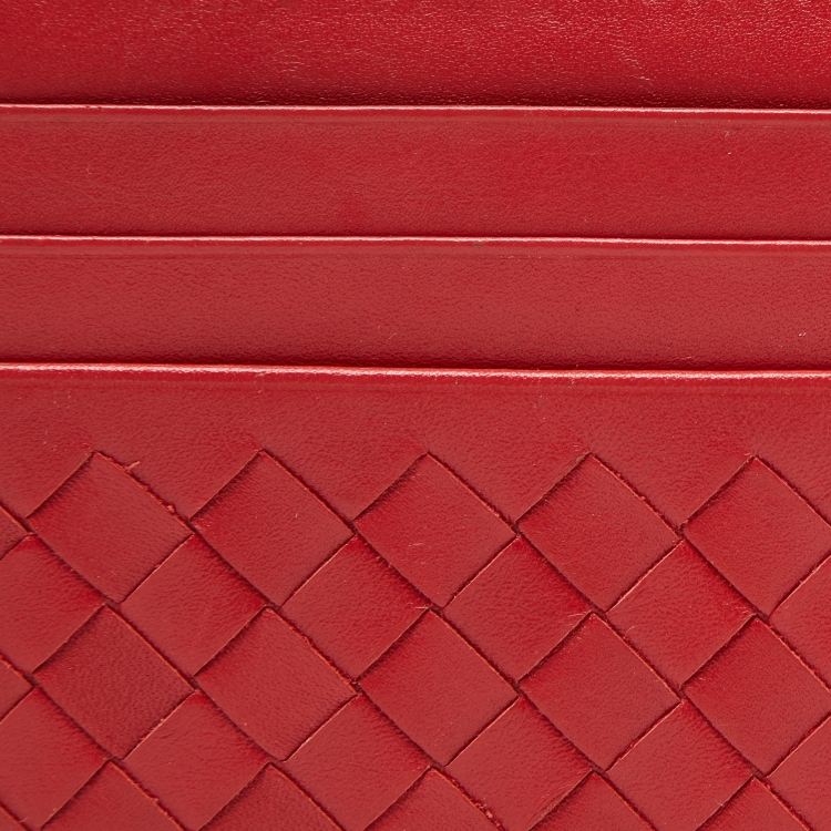 Pre Owned Bottega Veneta Red Intrecciato Leather Card Holder