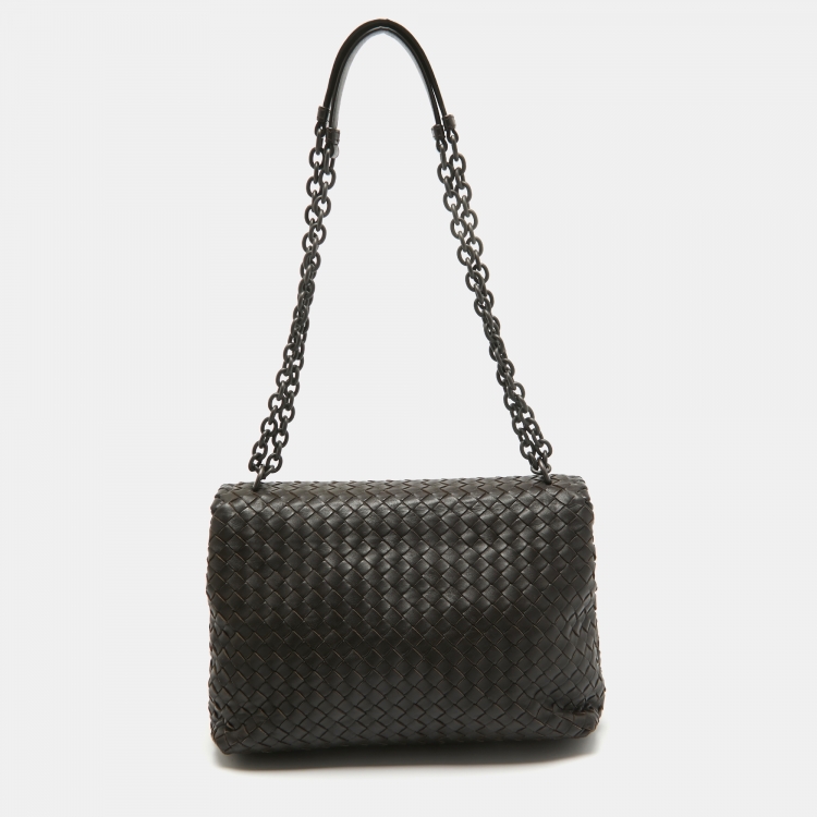 Pre Owned Bottega Veneta Choco Brown Intrecciato Leather Medium Olimpia Flap Shoulder Bag