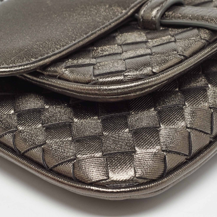 Pre Owned Bottega Veneta Metallic Intrecciato Leather Mini Chain Flap Bag