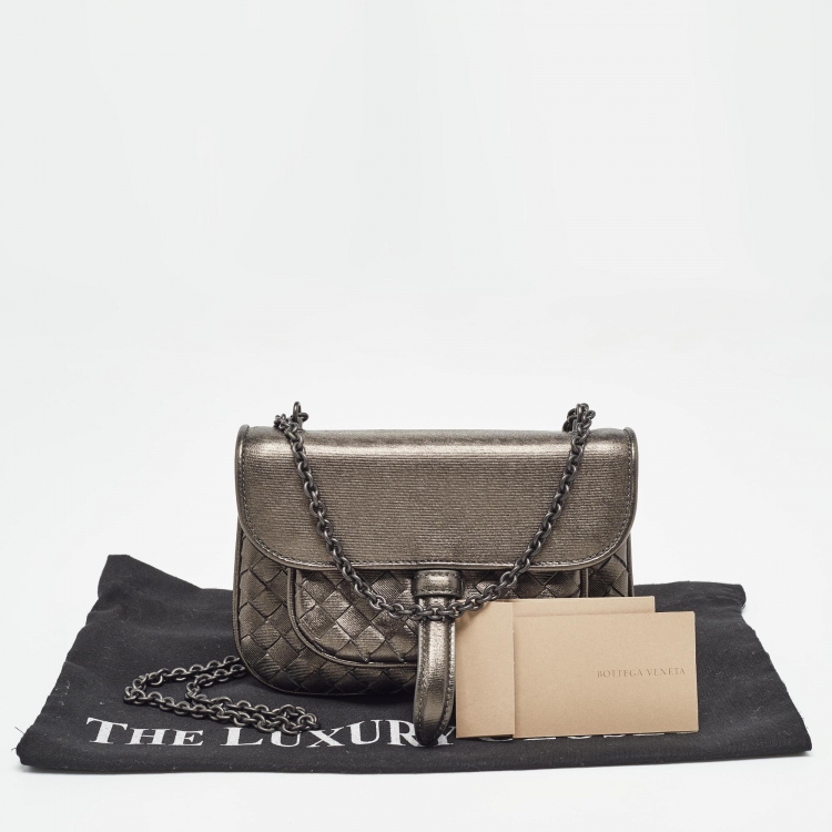 Pre Owned Bottega Veneta Metallic Intrecciato Leather Mini Chain Flap Bag