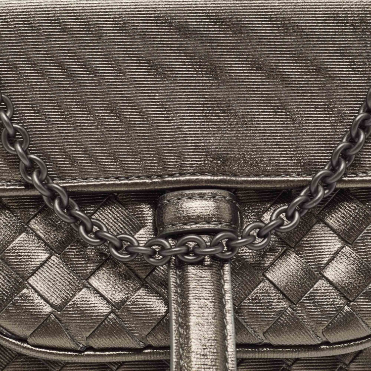 Pre Owned Bottega Veneta Metallic Intrecciato Leather Mini Chain Flap Bag