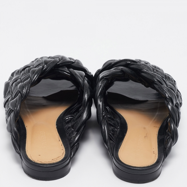 Pre Owned Bottega Veneta Black Intrecciato Leather The Board Flat Slides Size 40.5 