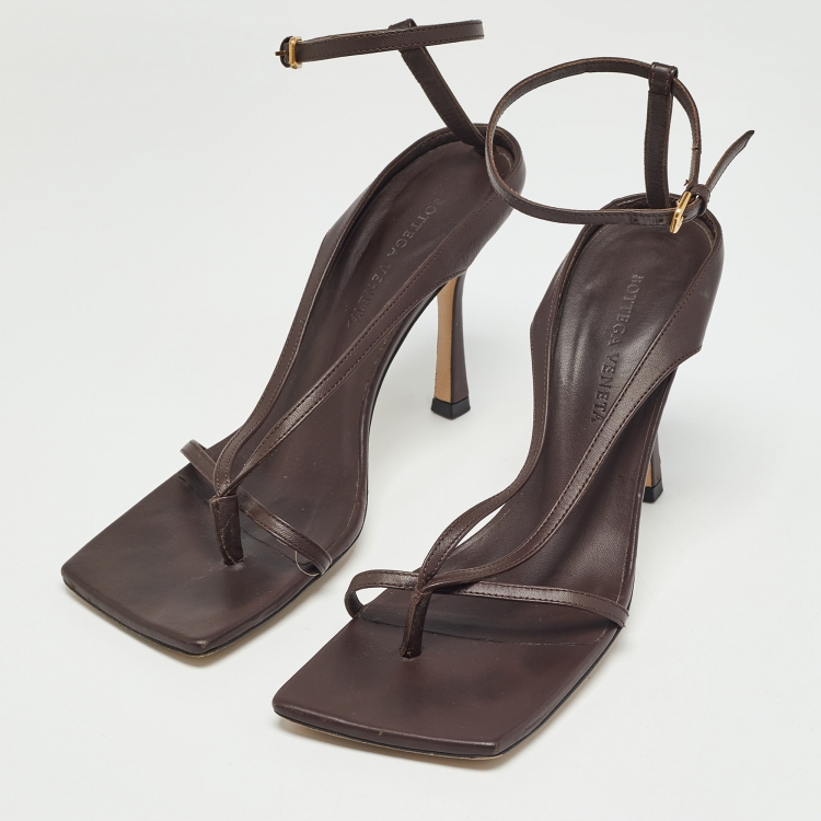 Pre Owned Bottega Veneta Brown Leather Ankle Wrap Sandals Size 38