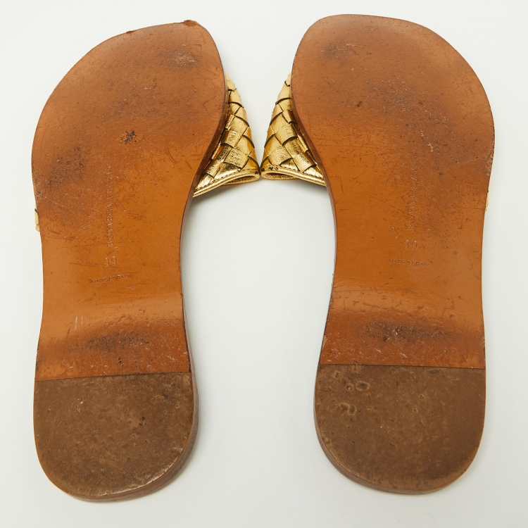 Pre Owned Bottega Veneta Gold Intrecciato Leather Flat Slides Size 39