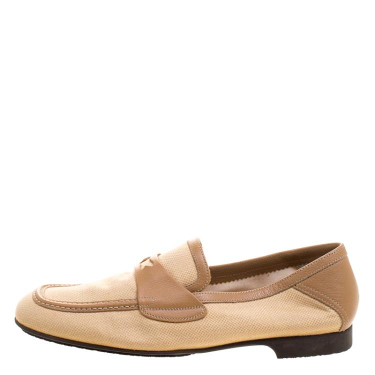 Pre Owned Bottega Veneta Beige Fabric and Leather Trim Loafers Size 39