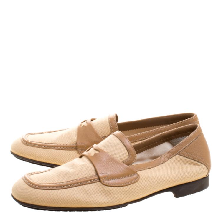 Pre Owned Bottega Veneta Beige Fabric and Leather Trim Loafers Size 39